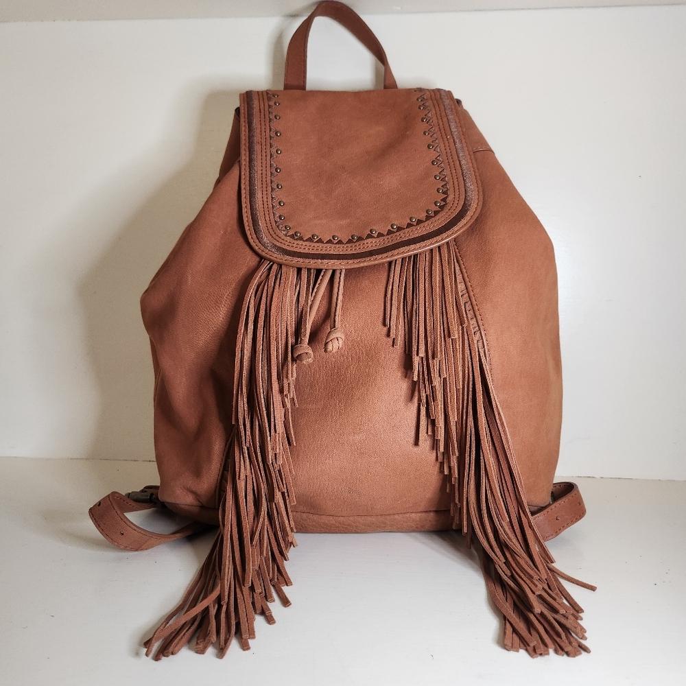 Lucky Brand genuine Leather, Tan Boho Fringe Slouchy Backpack